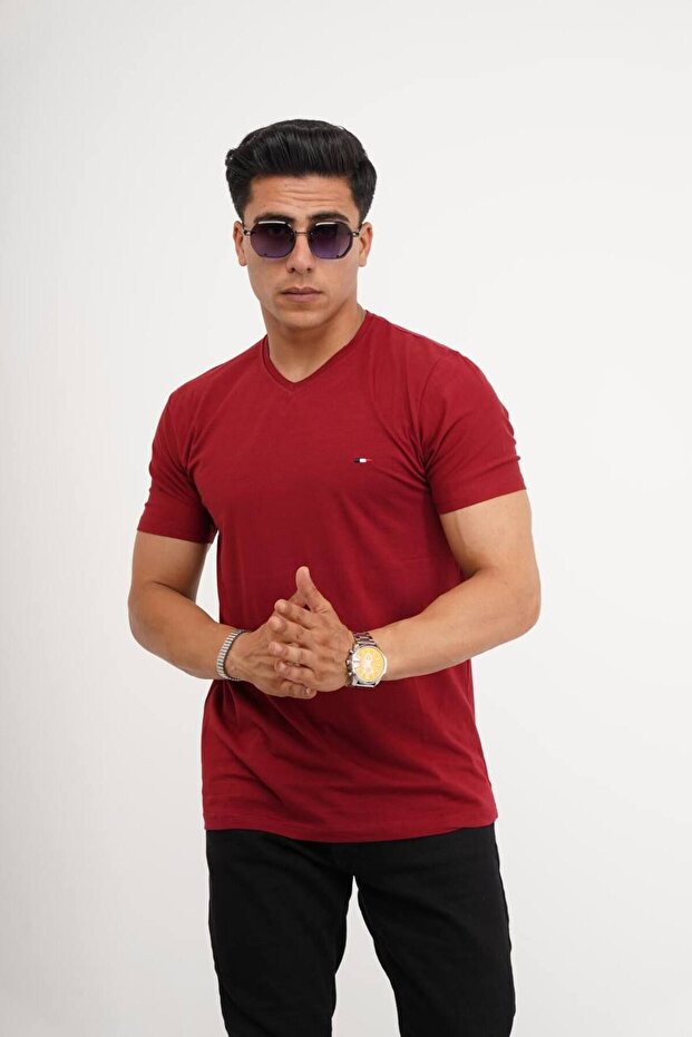 Men's Cotton Stretch Fabric Slim Fit Narrow Cut V-Neck T-Shirt