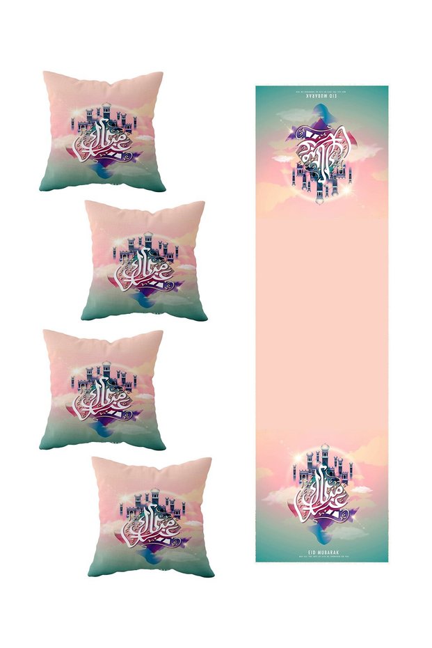 Pink Ramadan Mosque Table Different Ranir Models Decorative 4-Piece Throw Pillow Cover Runner Set