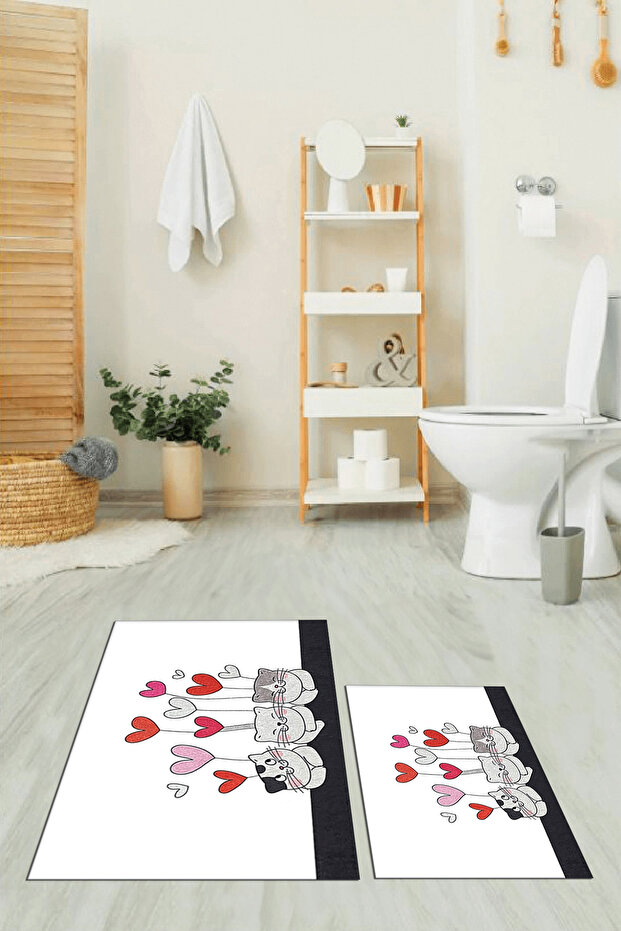 Printed Washable Non-Slip Molded Cats Patterned Double Bathroom Rug Toilet Set