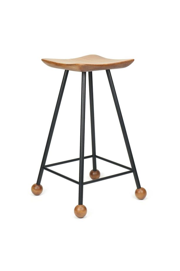 Tabure Sandalye Bar Taburesi 65 Cm Kavisli Kare Oturma Yeri Tabure Ahşap Demir Ayaklı Ahşap Topuzlu - 3