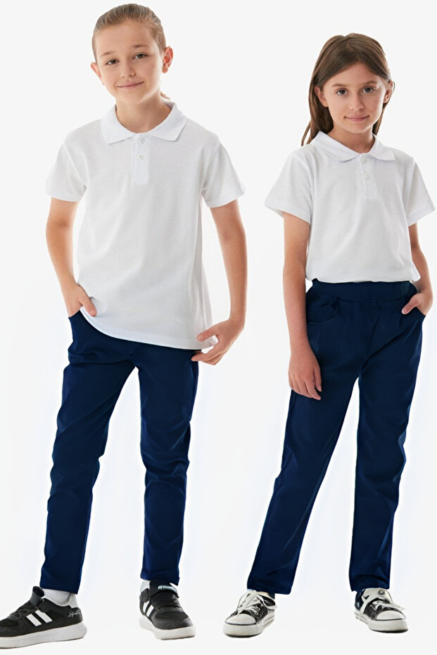 Boys Girls Navy Blue Lycra-Free Plain Serj Primary School Daily Middle School School Pants