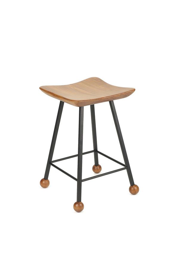 Tabure Sandalye Bar Taburesi 47 Cm Kavisli Kare Oturma Yeri Kare Demir Ahşap Topuz - 1
