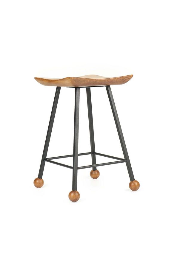 Tabure Sandalye Bar Taburesi 47 Cm Kavisli Kare Oturma Yeri Kare Demir Ahşap Topuz - 6