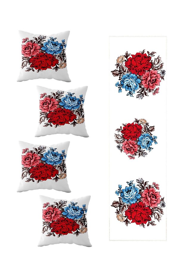 Colorful Flower Patterned - Rose Table and Throw Pillow Runner Set of 4
