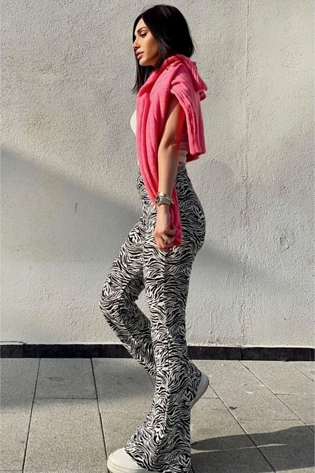 Zebra Desenli Likralı Yüksek Bel Ispanyol Paça Pantolon 100 Cm - 4