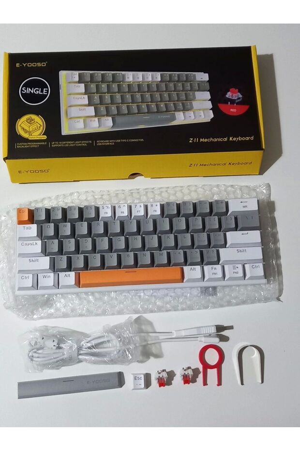 Z-11 Mini 60% Mekanik Gaming Mini Huano Red Switch Klavye (BEYAZ, GRİ, TURUNCU TUŞLAR) Ingilizce - 6