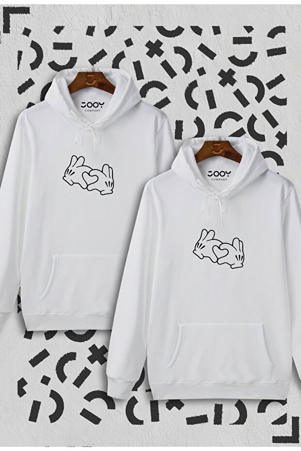 Heart Hand Design Lover Couple Combination White Hooded Sweatshirt