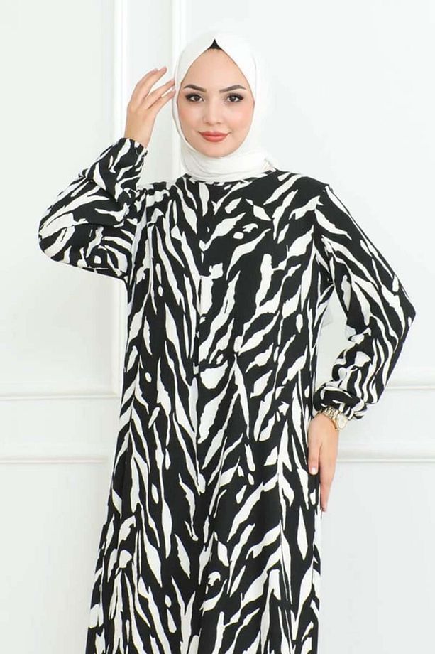 Zebra Desen Tesettür Elbise SİYAH - 3
