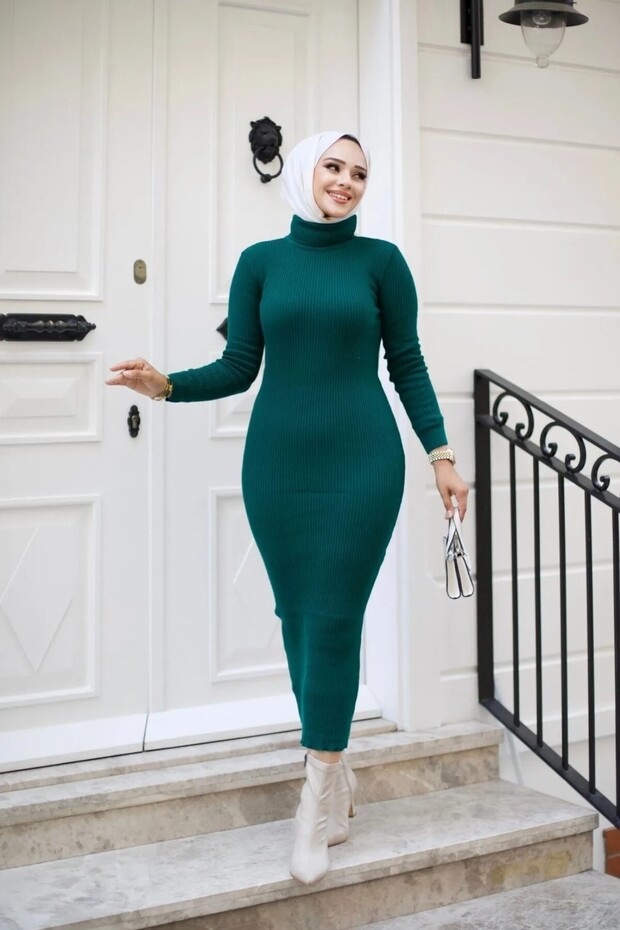 Women's Half Turtleneck Pencil Style Ribbed Fabric Dress, Suitable for Modest , Length 135cm, No Belt