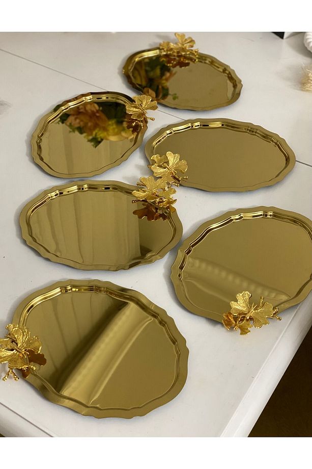 20*25 CM GOLD RENK OVAL MODEL 6 ADET SERVİS TEPSİSİ KELEBEK AKSESUARLI - 3