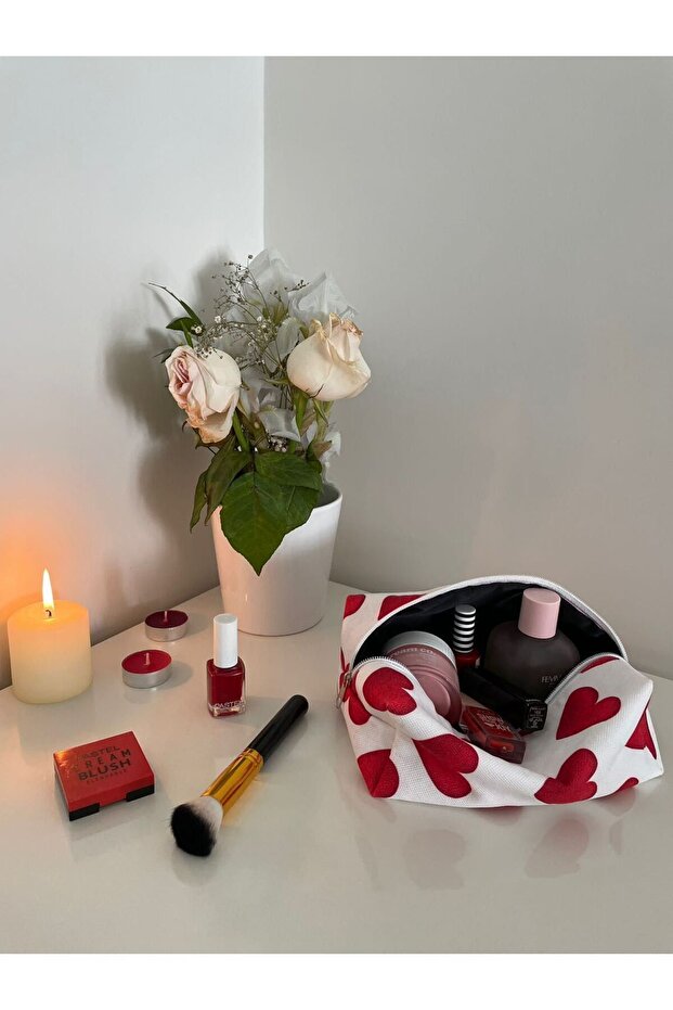 Large Size Red Heart Patterned Makeup Bag - 5