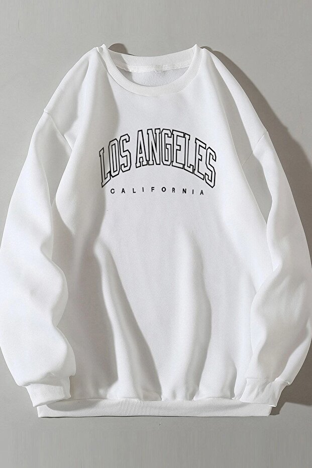 Women's White Crew Neck Los Angeles Printed Sweatshirt