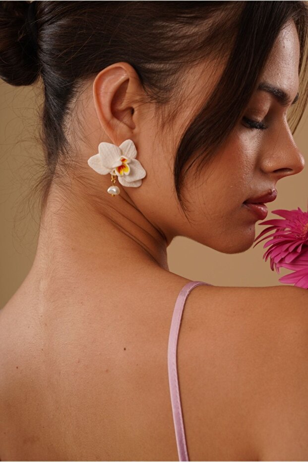 Orchid Earring Flower with Pearl White Polymer Clay Earring