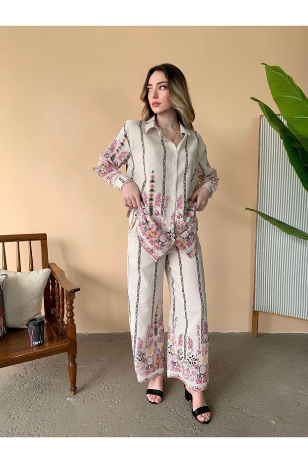 طقم كتان مطبوع كبير الحجم - 2