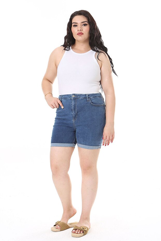 Plus Size Blue Denim Shorts - 5 Pockets, Lycra 65N38126