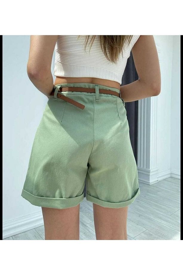 Kemerli Gabardin Şort Yeşil - 4