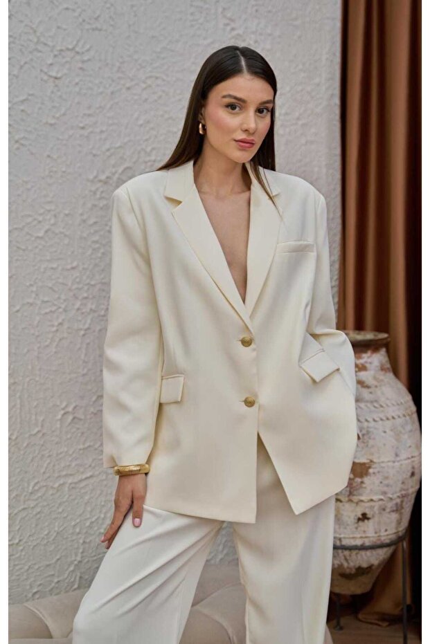 بنطلون سترة بأزرار ذهبية بيضاء كبيرة الحجم - 3