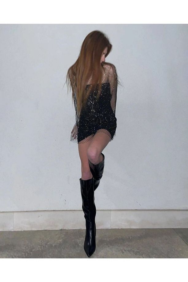 Kadın Kristal Taşlı File Elbise, Gece Elbisesi, Party Yılbaşı Parlak Elbise - 3