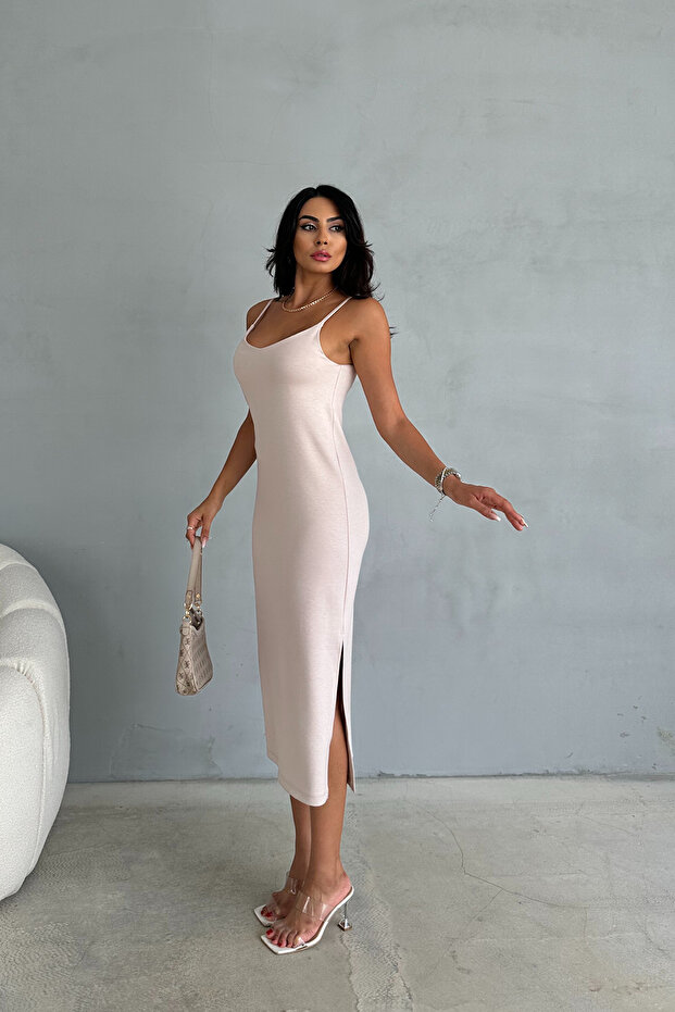 Bej İp Askılı Basic Elbise - 1