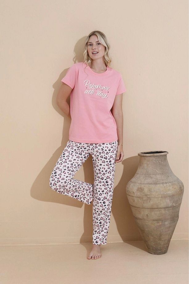Kısa Kollu Süprem Kumaş Cepli Pembe Pijama Takımı - 2850 - 1