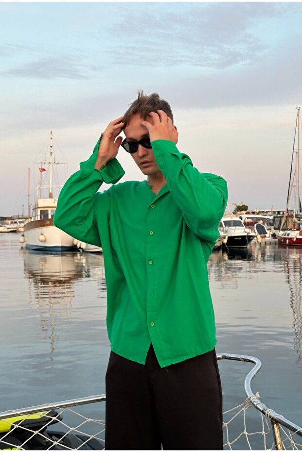 Basic Yakasız Oversize Keten Gömlek - 3