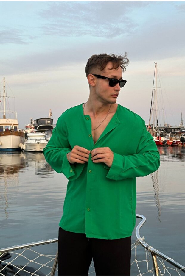 Basic Yakasız Oversize Keten Gömlek - 2