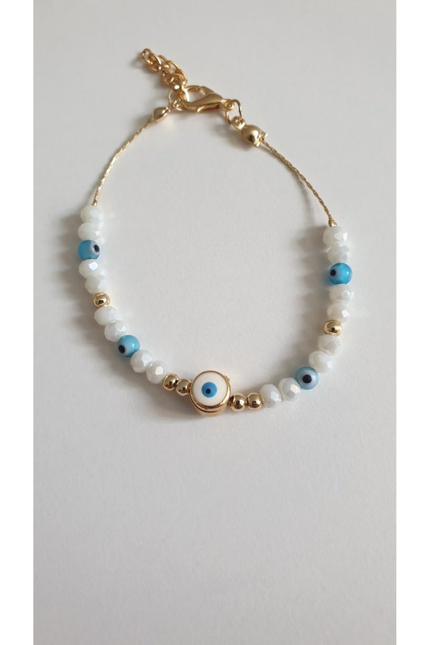 Evil Eye Beaded Bracelet Women's Steel Plated Very Elegant Bead Bracelet of Luck and Love 18 cm