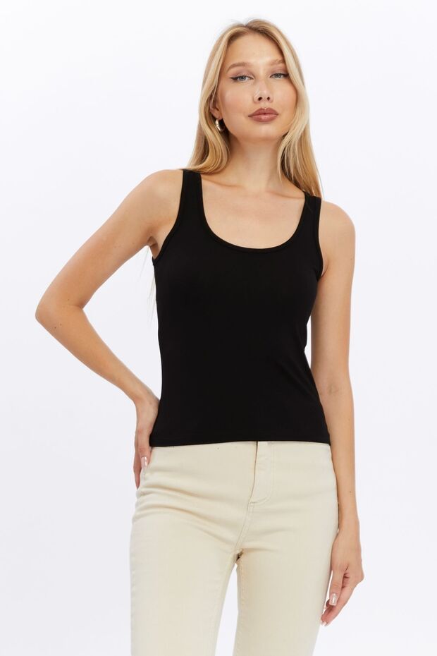 Kadın Siyah Beyaz 2'li Kalın Askılı Basic Atlet - 5