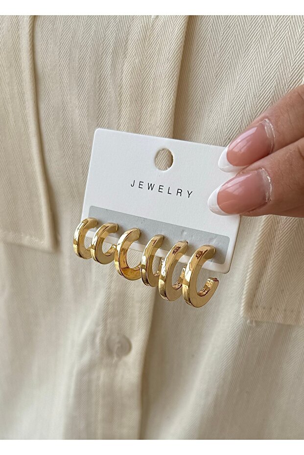 Gold 3 Different Size Hoop Earrings Set - Bold Design