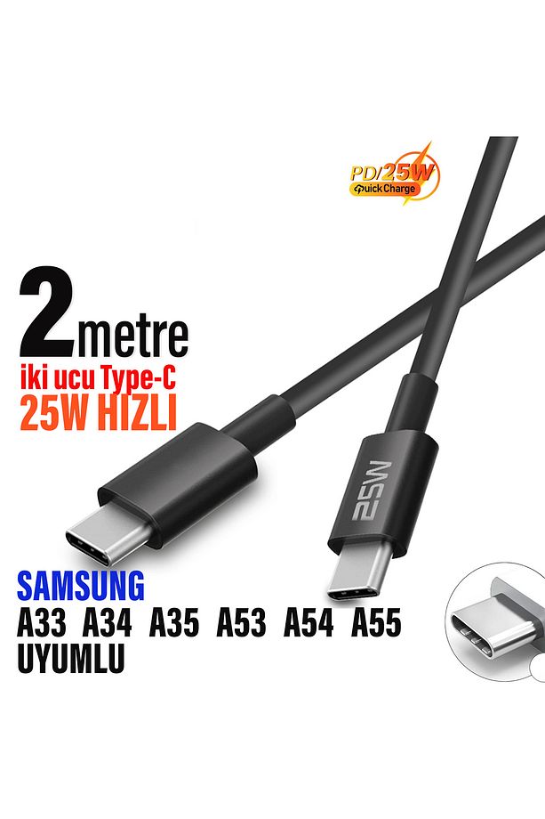 Samsung A33 A34 A35 A53 A54 A55 Type-C den Type-C ye 2 metre Uzun Şarj Kablosu 25W 2M - 1
