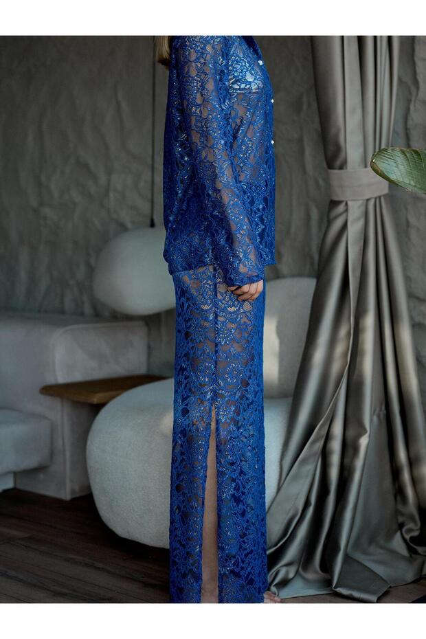 Varaklı Dantel Maxi Etek Saks - 4