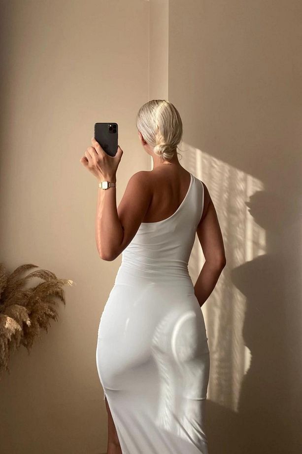 Beyaz Tek Omuz Drape Detay Astarlı Midi Elbise - 3