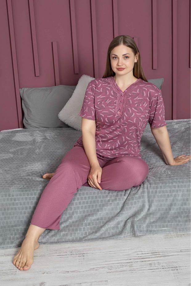 Women's Plus Size Curve Print Lapel Lace Buttoned Short Sleeve Bamboo Pajamas Set