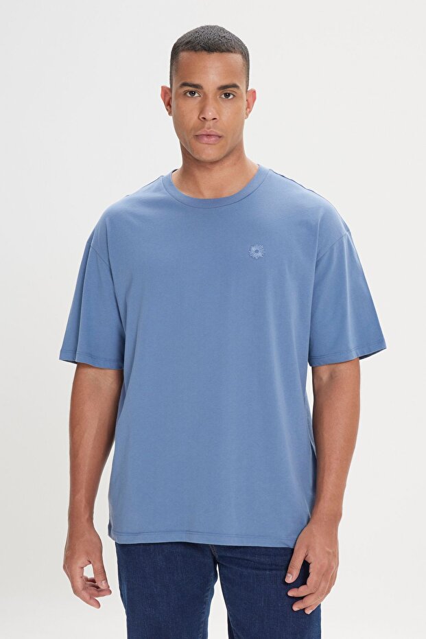 Men's Indigo Loose Fit Loose Fit 100% Cotton Printed Crew Neck T-Shirt