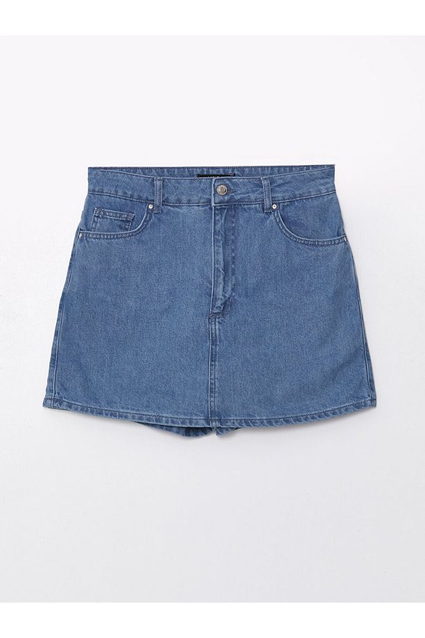 Kadın Standart Fit Düz Jean Şort Etek - 5