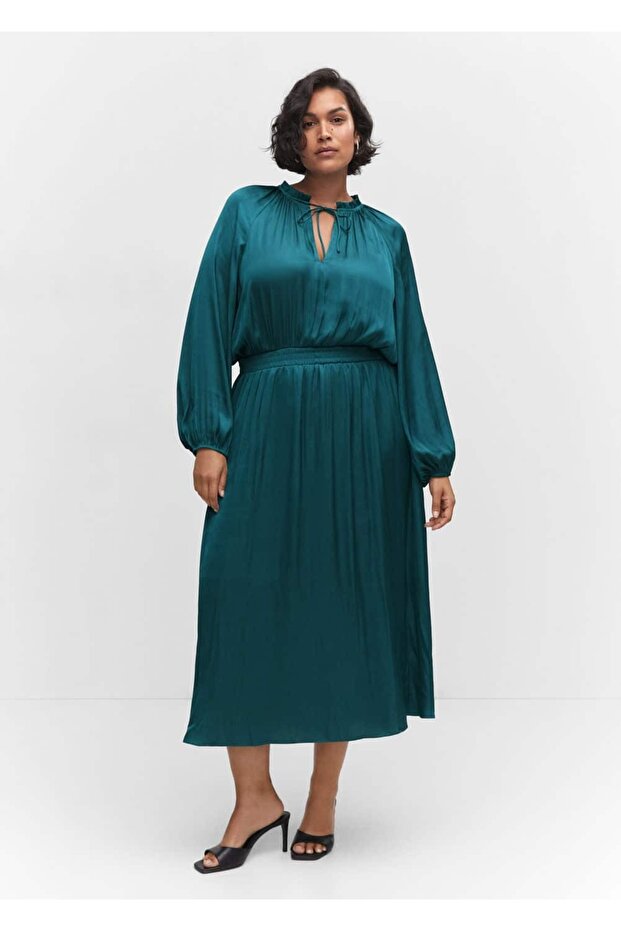 Balon kollu saten elbise - 8