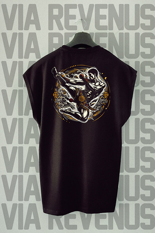 Muay Thai Sleeveless Black Sports T-Shirt with Printed Print