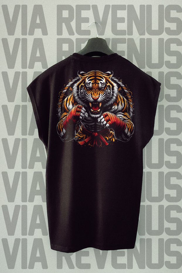 Tiger Muay Thai Back Printed Zero Sleeve Black Sports T-Shirt