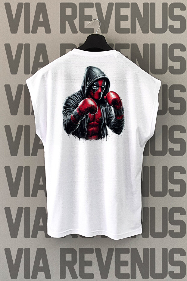Deadpool Boxing Back Printed Zero Sleeve White Sports T-Shirt