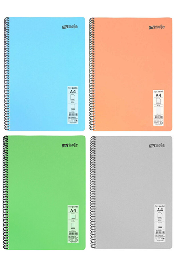 Defter Okul Defteri Spiralli Telli Pp Kapak A4 - 4 Adet Farklı Renklerde - 96 Sayfa Çizgili (4 ADET) - 1