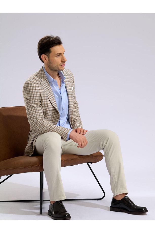 Bej Kareli Carlo Barbera Regular Fit Yün İpek Pamuk Ceket - 6