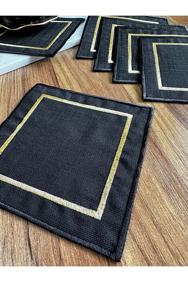 6 Adet Gardenya kumaş üzerine gold nakışlı kare kokteyl sunum peçetesi - 3