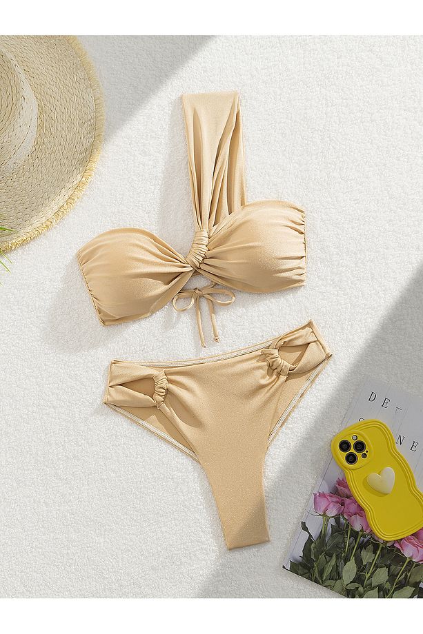 Lumière Parlak Görünümlü Tek Omuz Bikini Takımı Ekru - 3