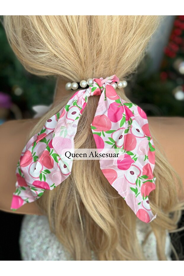 Trend Fashion Pearl Elastic Fruit Patterned Scarf Shawl Scarf Pendant Buckle Pink Peach