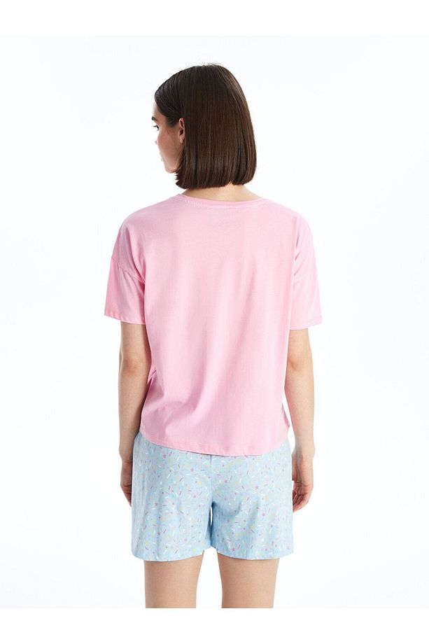 LCW Bisiklet Yaka Baskılı Kısa Kollu Kadın Şortlu Pijama Takımı - 5