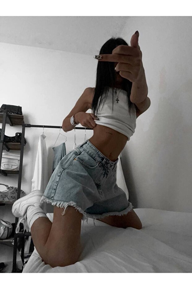 Paça püsküllü mavi jean kısa şort - 3