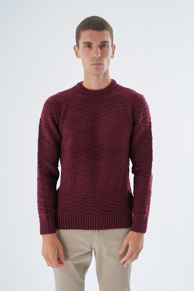 Men's Burgundy Crew Neck Linx Diamond Patterned Wool Knitwear Knitted Sweater Trist-5332