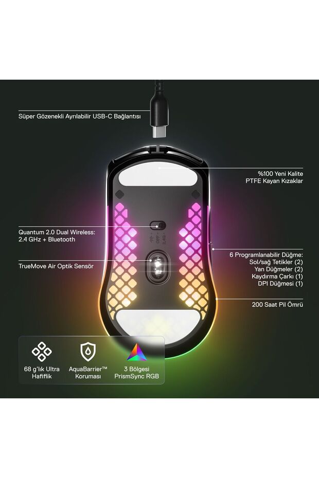 Aerox 3 Wireless Onyx Kablosuz Gaming Mouse - Siyah - 4