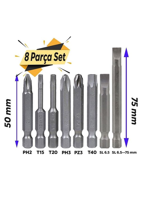 Klytek Matkap Bits Uç Vidalama Ucu Düz Yıldız Torx Uç (8 Parça) - 3