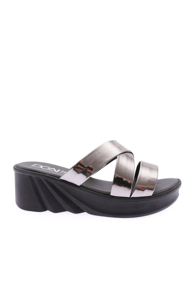 Women's High Sole Cross Band Slippers Platinum Patent Leather Mirror 3211142857